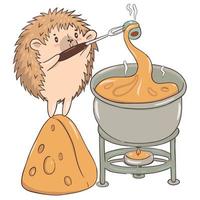 Hedgehog prepares cheese fondue isolate on a white background. Vector graphics.