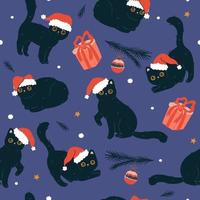 Seamless pattern with black cute cats in santa hats. Vector graphics.