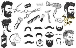 Set of signs and icons for barbershop isolated on a white background. Vector graphics