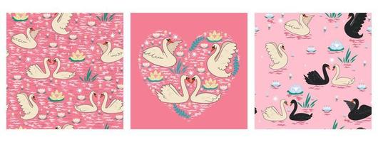 Set of seamless patterns with swans on a pink background. Vector graphics.