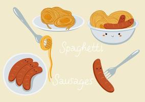 Spaghetti and sausage food set. Vector graphics.