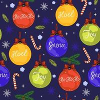 Christmas pattern with Christmas balls with inscriptions, snowflakes and candy canes. Vector graphics.