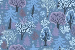 Seamless pattern of winter snowy forest with various trees and bushes. Vector graphics.