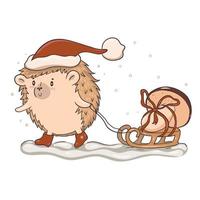 Christmas hedgehog carries a mushroom isolate on a white background. Vector graphics.