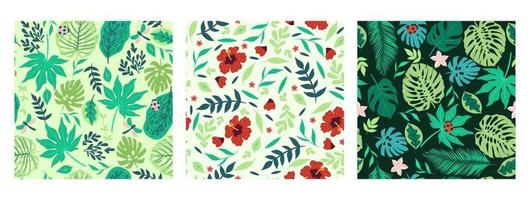 Set of seamless patterns with tropical leaves and flowers. Vector graphics.