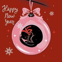 Christmas card with a Christmas ball with a black cat. Vector graphics.