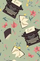 Seamless pattern with typewriters and books. Vector graphics.