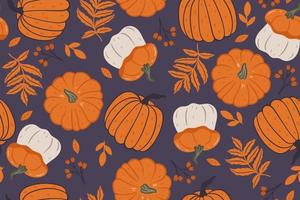Seamless pattern with pumpkins, berries and autumn leaves. Vector graphics.