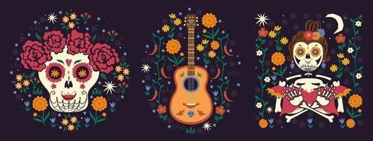 Mexican collection of compositions in the mood of the day of the dead. Vector graphics.