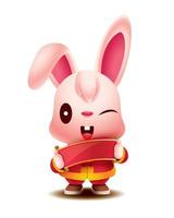 Happy Chinese New Year 2023. Cartoon cute rabbit with traditional costume holding empty chinese hand scroll vector