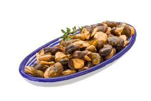 Broad beans in a bowl on white background photo