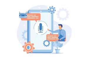 Businessman communicates with chatbot with voice commands. Voice controlled chatbot, talking virtual assistant, smartphone voice application concept. vector illustration