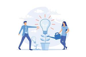 Business team watering innovation plant, growing tree with lightbulb. People having idea for eco future, environment, electricity. modern Flat vector illustration