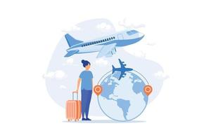 Intercontinental transportation, plane at airport, boarding pass, flight route, passenger, traveler on board flat design modern illustration