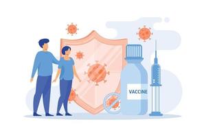 rastreador de noticias sobre la vacuna contra el coronavirus, encontrar y probar la vacuna, programa de vacunación contra el coronavirus, equipo de laboratorio médico, ilustración moderna de diseño plano de investigación científica