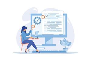 proceso de desarrollo de software de desarrollo back-end, aplicación informática, código de programa, lenguaje de programación. escribir api y código de interfaz diseño plano ilustración moderna vector