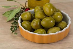 Marinated green olives photo