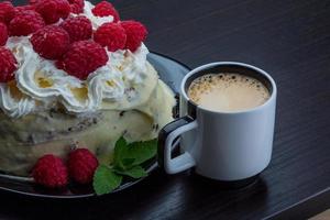 Coffee with raspberry cake photo