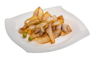 Fried onion on the plate and white background photo