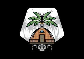 Wooden house with big coconut tree badge design vector