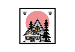 Aesthetic wood house between two pine tree illustration badge design vector