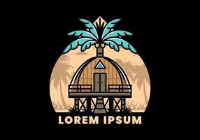 Wooden house with big coconut tree badge design vector