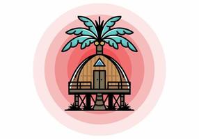 Wooden house with big coconut tree badge design vector