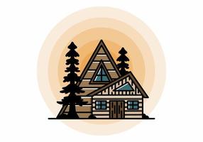 Aesthetic wood house between two pine tree illustration badge design vector