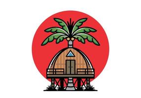 Wooden house with big coconut tree badge design vector