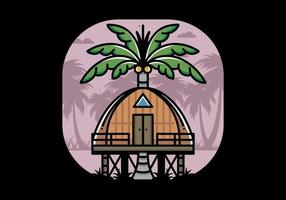 Wooden house with big coconut tree badge design vector