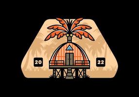 Wooden house with big coconut tree badge design vector