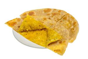 Chicken Paratha on the plate and white background photo