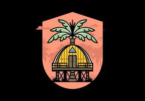 Wooden house with big coconut tree badge design vector