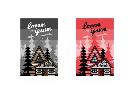 Aesthetic wood house between two pine tree illustration badge design