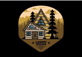 Aesthetic wood house between two pine tree illustration badge design vector