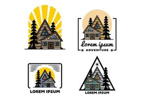 Aesthetic wood house between two pine tree illustration badge design