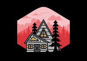 Aesthetic wood house between two pine tree illustration badge design vector