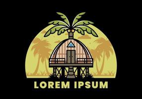 Wooden house with big coconut tree badge design vector