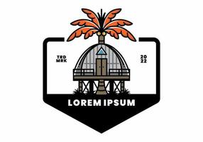 Wooden house with big coconut tree badge design vector