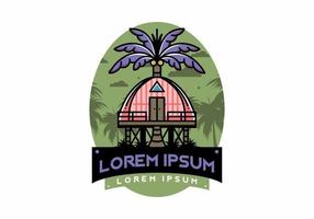 Wooden house with big coconut tree badge design vector