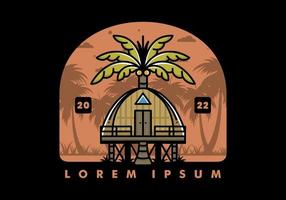 Wooden house with big coconut tree badge design vector