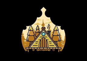 Triangle wooden cabin between pine tress illustration design vector