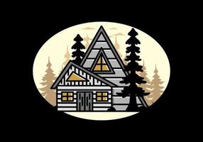 Aesthetic wood house between two pine tree illustration badge design vector