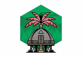 Wooden house with big coconut tree badge design vector