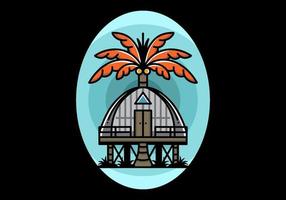 Wooden house with big coconut tree badge design vector