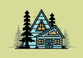 casa de madera estética entre dos pinos ilustración diseño de placa vector