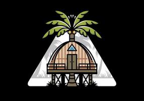 Wooden house with big coconut tree badge design