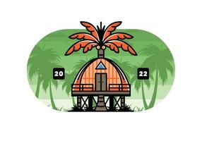 Wooden house with big coconut tree badge design vector