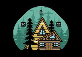 Aesthetic wood house between two pine tree illustration badge design vector