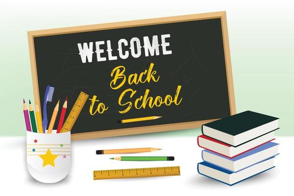 Back-to-school sale background design with colored pencils and other learning items